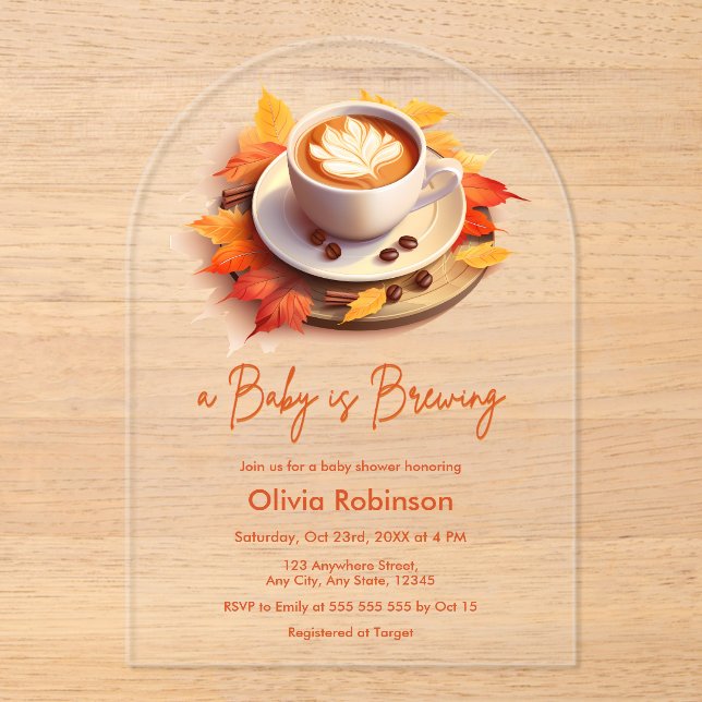 Fall Autumn A Baby is Brewing Coffee Baby Shower Acrylic Invitations (Front)