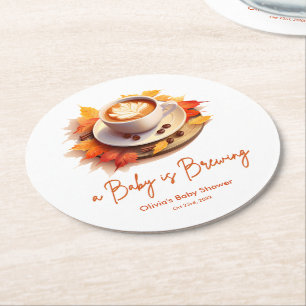 Fall Autumn A Baby is Brewing Coffee Baby Shower  Round Paper Coaster