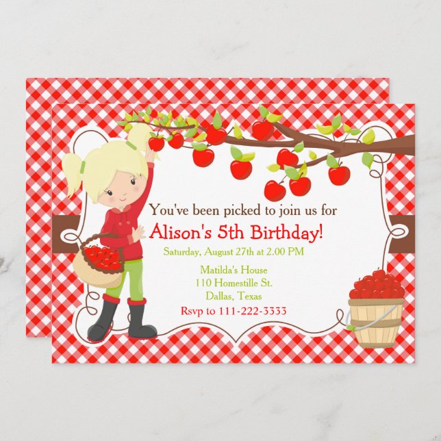 Fall Autumn Apple Picking Blonde Birthday Invitation (Front/Back)