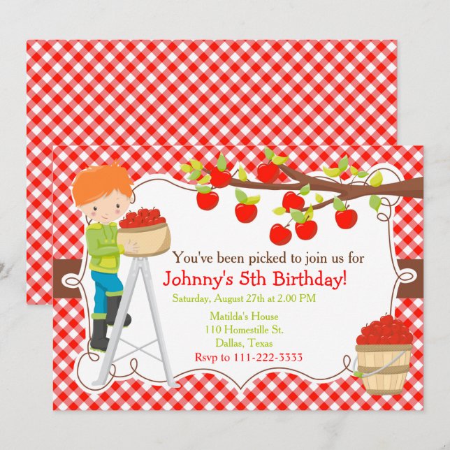 Fall Autumn Apple Picking Red Hair Birthday Invitation (Front/Back)