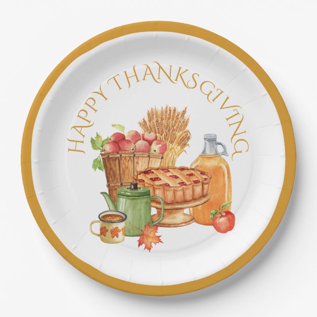 Fall Autumn Apples, Cider, Apple Pie, Coffee Paper Plate (Front)