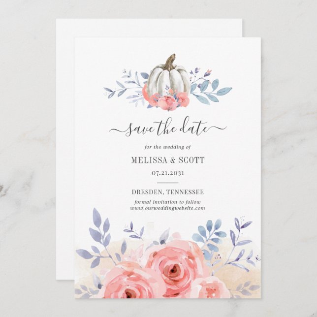 Fall Autumn Blush Pink Roses Pumpkin Floral Save The Date (Front/Back)