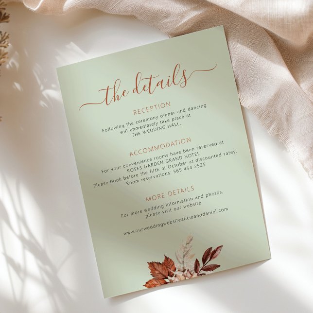 Fall autumn boho leaves wedding details sage green enclosure card (Creator Uploaded)