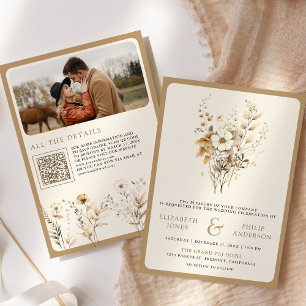 Fall Autumn Boho Wildflower Photo QR Code Wedding Invitation