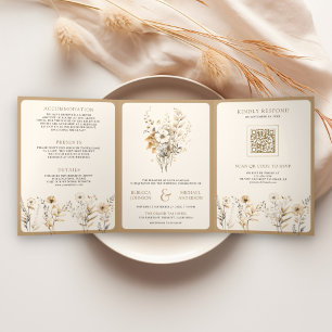 Fall Autumn Boho Wildflower Photo QR Code Wedding Tri-Fold Invitation