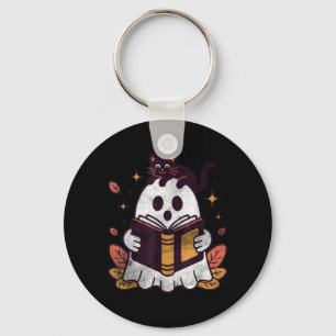 Fall Autumn Book Ghost Reading Halloween Black Cat Key Ring