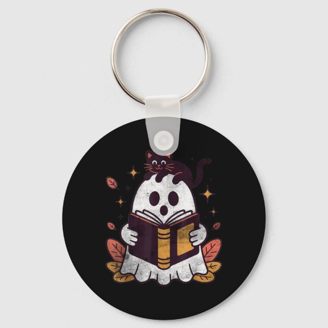 Fall Autumn Book Ghost Reading Halloween Black Cat Key Ring (Front)
