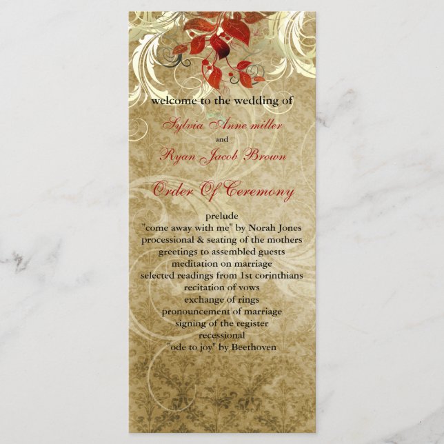 fall autumn brown leaves  wedding program programme (Front)