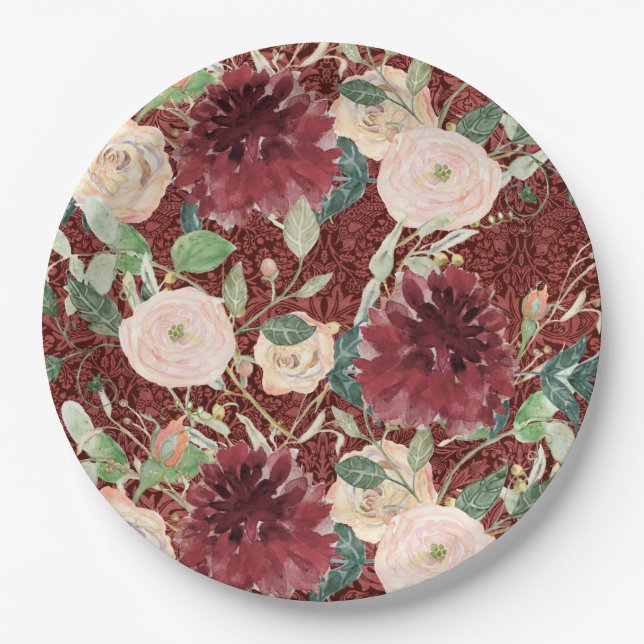 Fall Autumn Burgundy Chrysanthemum Blush Pink Rose Paper Plate (Front)
