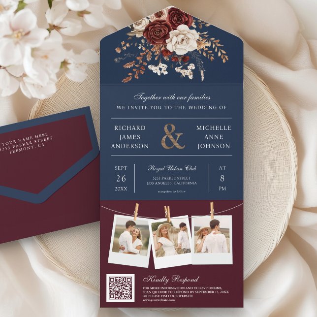 Fall Autumn Burgundy Floral QR Code Navy Wedding All In One Invitation (Creator Uploaded)