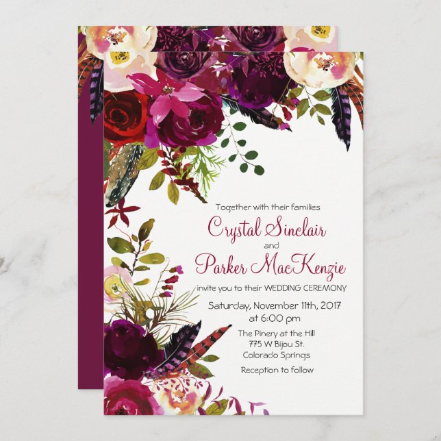 Fall Autumn Burgundy Floral Wedding Invitation (Front/Back)