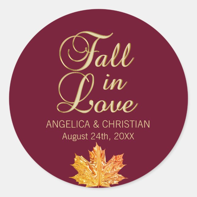 Fall Autumn Burgundy Gold FALL IN LOVE Wedding Classic Round Sticker (Front)
