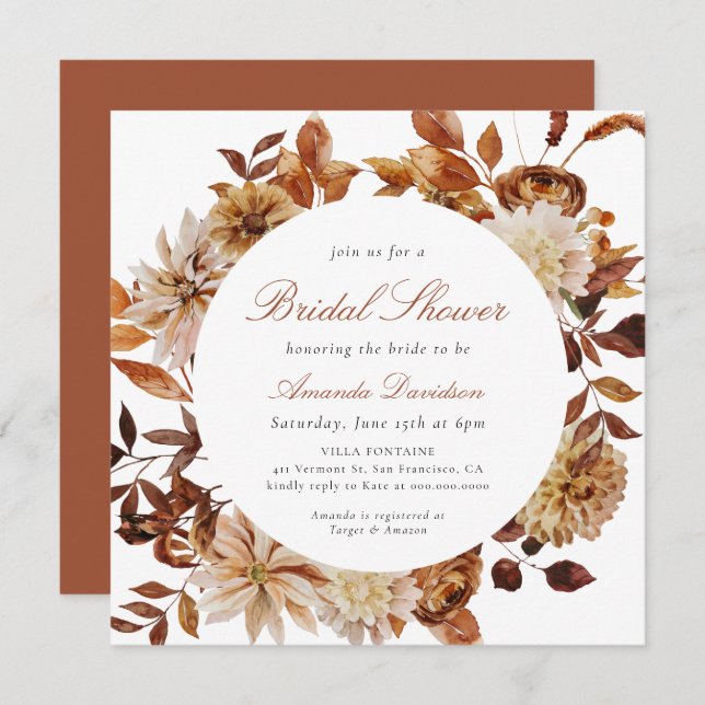 Fall Autumn Burnt Orange Floral Boho Bridal Shower Invitation (Front/Back)
