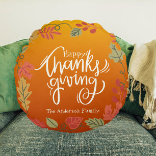 Fall Autumn Decor Family Name Happy Thanksgiving Round Cushion