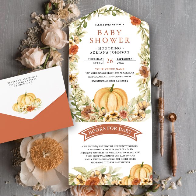 Fall Autumn Earthy Floral Pumpkin Baby Shower All In One Invitation (Creator Uploaded)