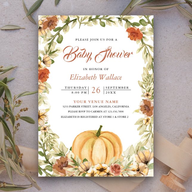 Fall Autumn Earthy Floral Pumpkin Baby Shower Invitation (Creator Uploaded)