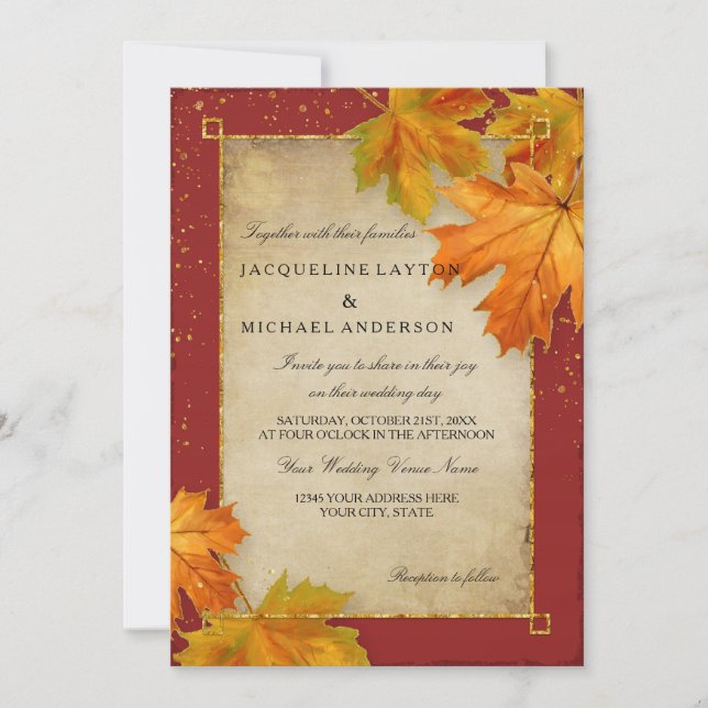 Fall Autumn Falling Leaf Leaves Elegant Wedding Invitation (Front)