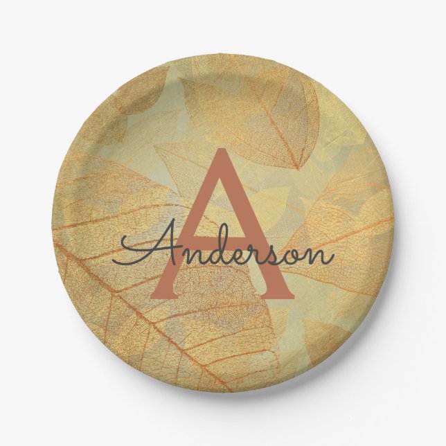 Fall - Autumn Family Monogram Leaves Paper Plate (Front)