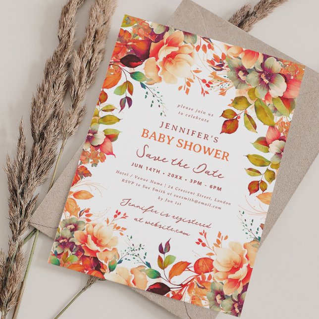 Fall Autumn Floral Baby Shower Save Date Invitation (Fall Autumn Floral Baby Shower Save Date Invitation)