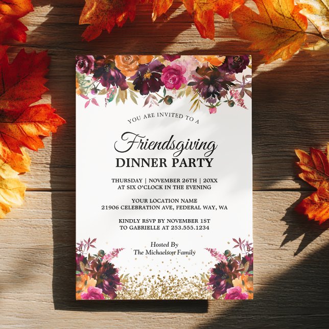 Fall Autumn Floral Gold Glitter Friendsgiving Invitation (Fall Autumn Floral Gold Glitter Friendsgiving Invitation)