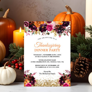 Fall Autumn Floral Gold Glitter Thanksgiving Invitation