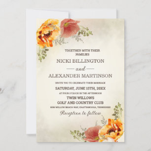 Fall Autumn Floral Greenery Burnt Orange Wedding Invitation