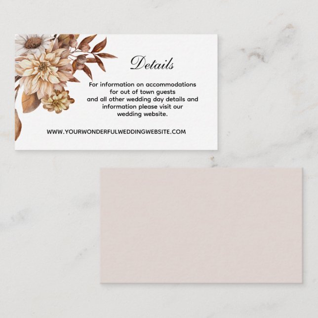 Fall Autumn Floral Leaves Elegant Wedding Details Enclosure Card (Front/Back)
