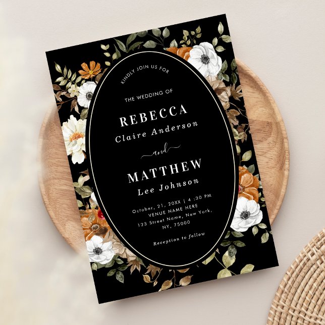 Fall Autumn Floral Monogram Moody Black Wedding  Invitation (Creator Uploaded)