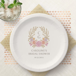 Fall Autumn Floral Monogram Wreath Bridal Shower Paper Plate