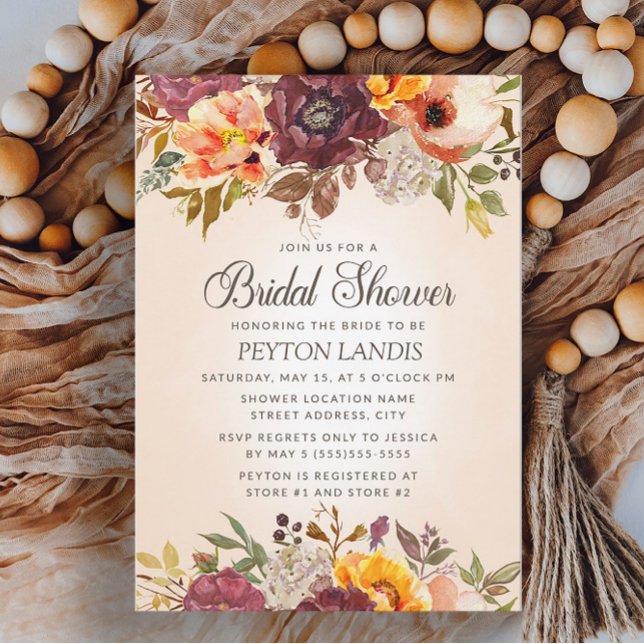 Fall Autumn Floral Orange Rust Bridal Shower Invitation (Burgundy and orange floral fall bridal shower invitation)