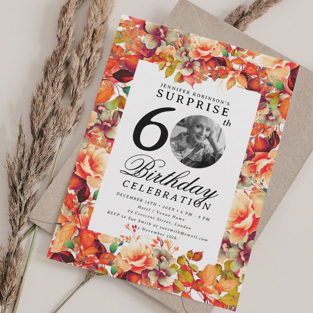 Fall Autumn Floral Photo SURPRISE 60th Birthday  Invitation (Fall Autumn Floral Photo SURPRISE 60th Birthday Invitation)
