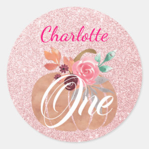 Fall Autumn Floral Pumpkin 1st Birthday Rose Gold Classic Round Sticker