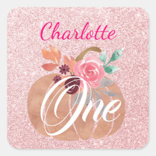 Fall Autumn Floral Pumpkin 1st Birthday Rose Gold Square Sticker