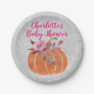 Fall Autumn Floral Pumpkin Baby Shower Pink Silver Paper Plate