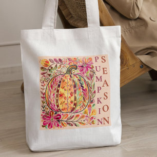Fall Autumn Floral Pumpkin Watercolor Pastel Boho Tote Bag