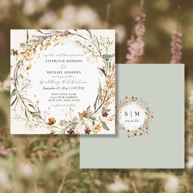 Fall Autumn Flowers Wildflowers Ivory Wedding Invitation (Creator Uploaded)