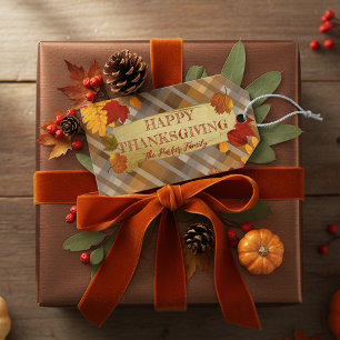 Fall Autumn Foliage On Plaid Thanksgiving Gift Tags