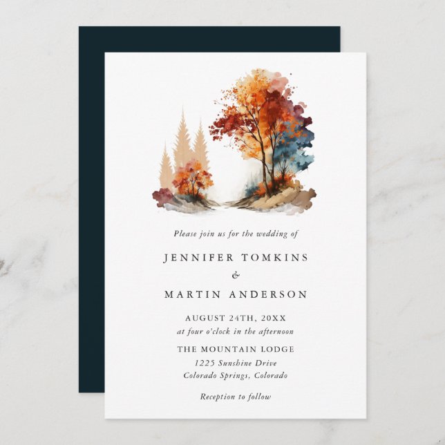 Fall Autumn Forest Mountain Watercolor Wedding Invitation (Front/Back)