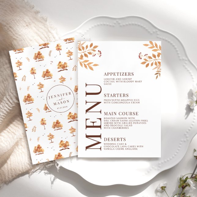 Fall Autumn Forest Trees Leaves Wedding Menu Cards (Creator Uploaded)