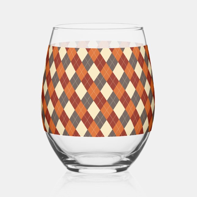 Fall/Autumn Gingham pattern  Stemless Wine Glass (Front)
