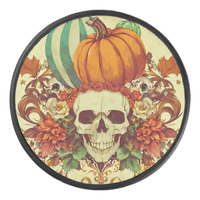 Fall/Autumn/Halloween/pumpkin/skeleton  Hockey Puck (Front)