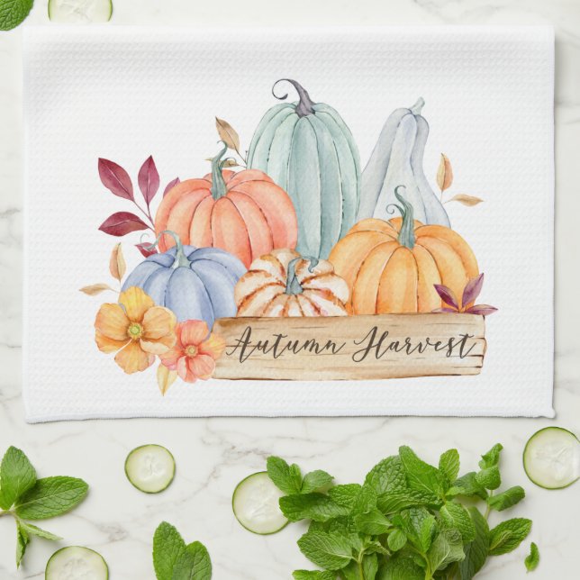 Fall Autumn Harvest Green Pumpkins Tea Towel (Folded)