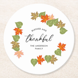 Fall / Autumn Leaves Blessed and Thankful Round Paper Coaster