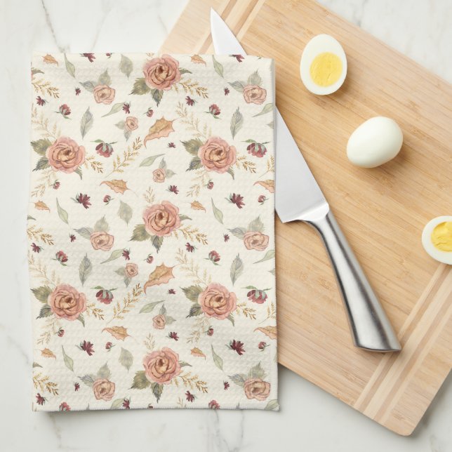 Fall Autumn Leaves BOHO Floral Burgundy Peach Tea Towel (Quarter Fold)