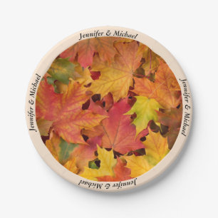 Fall Autumn Leaves Custom Names Wedding Reception Paper Plate