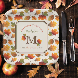 Fall/Autumn Leaves Family Monogram Thanksgiving Paper Plate