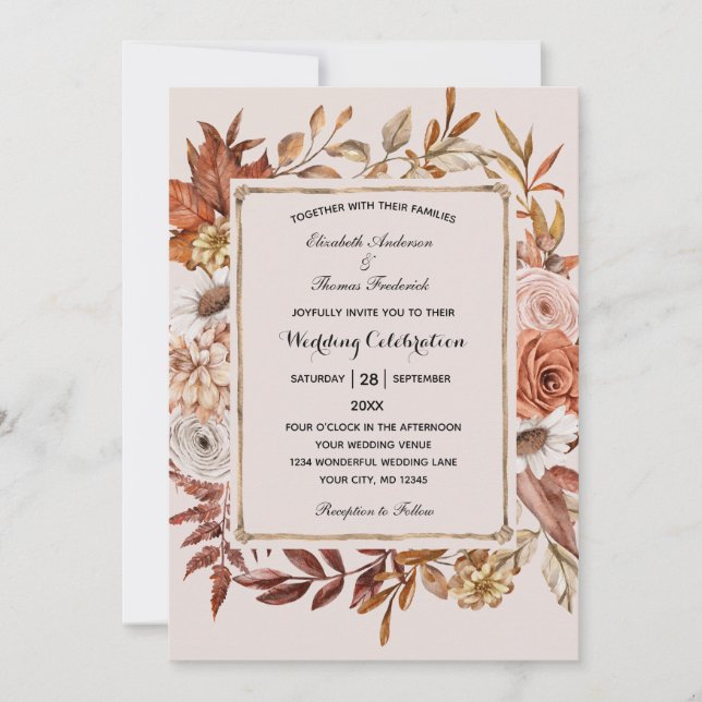 Fall Autumn Leaves Floral Formal Elegant Wedding Invitation (Front)