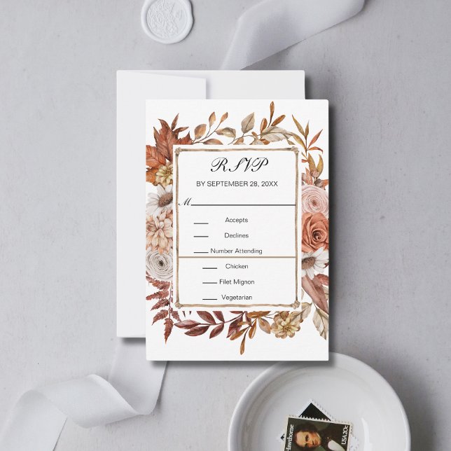 Fall Autumn Leaves Floral Formal Elegant Wedding   RSVP Card (Fall Autumn Rust Terracotta Floral Botanical Wedding RSVP card)
