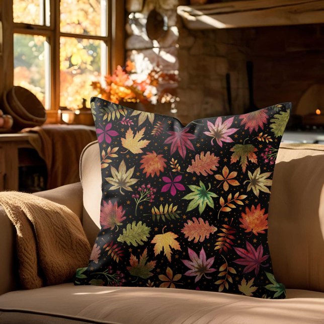 Fall Autumn Leaves Halloween Pattern on Black Cushion (Fall Autumn Leaves Halloween Pattern on Black Throw Pillow)