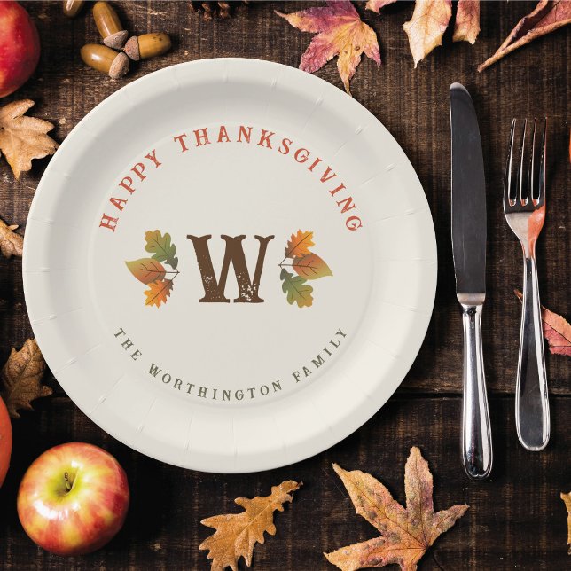 Fall / Autumn Leaves Monogram Thanksgiving Dinner Paper Plate (Colorful Autumn / Fall Leaves Family Monogram Thanksgiving Dinner Party Paper Plates)